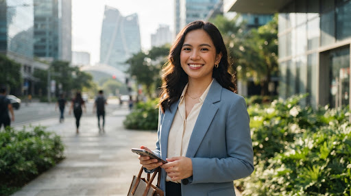 Portrait of a young professional woman resident in BGC smiling with natural backlight