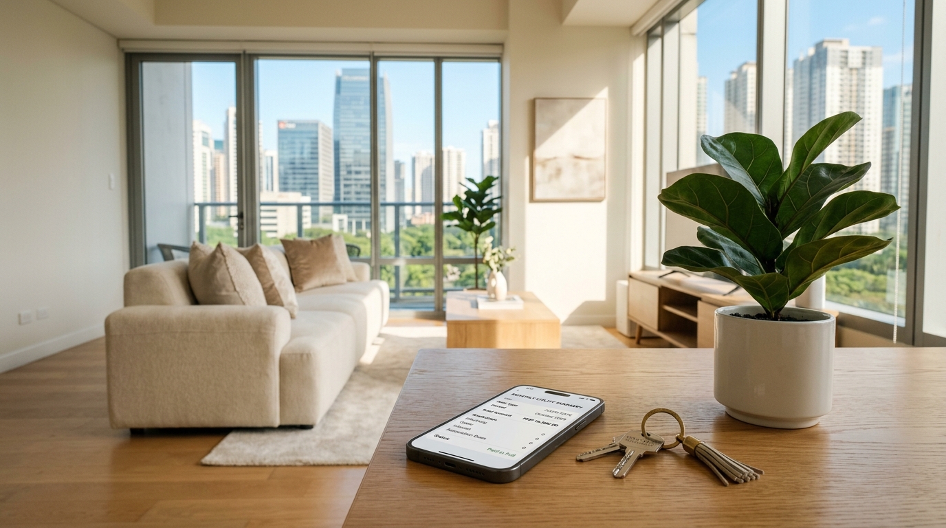Pristine sunlit luxury condo with mobile phone displaying transparent fixed booking bill alongside condo keys on a table